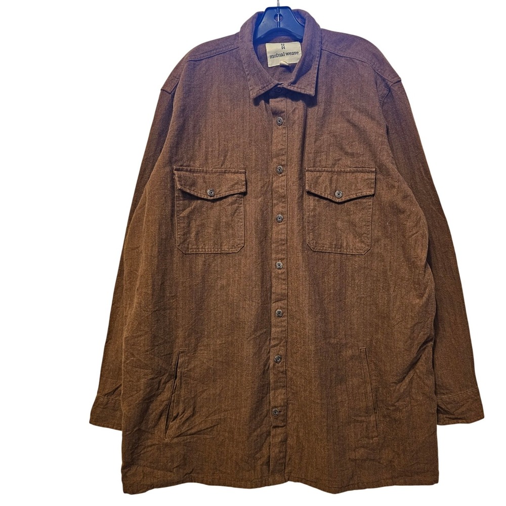 Mutual Weave Mens Brown Herringbone Cotton Button Down Shirt Jacket Shacket JT3